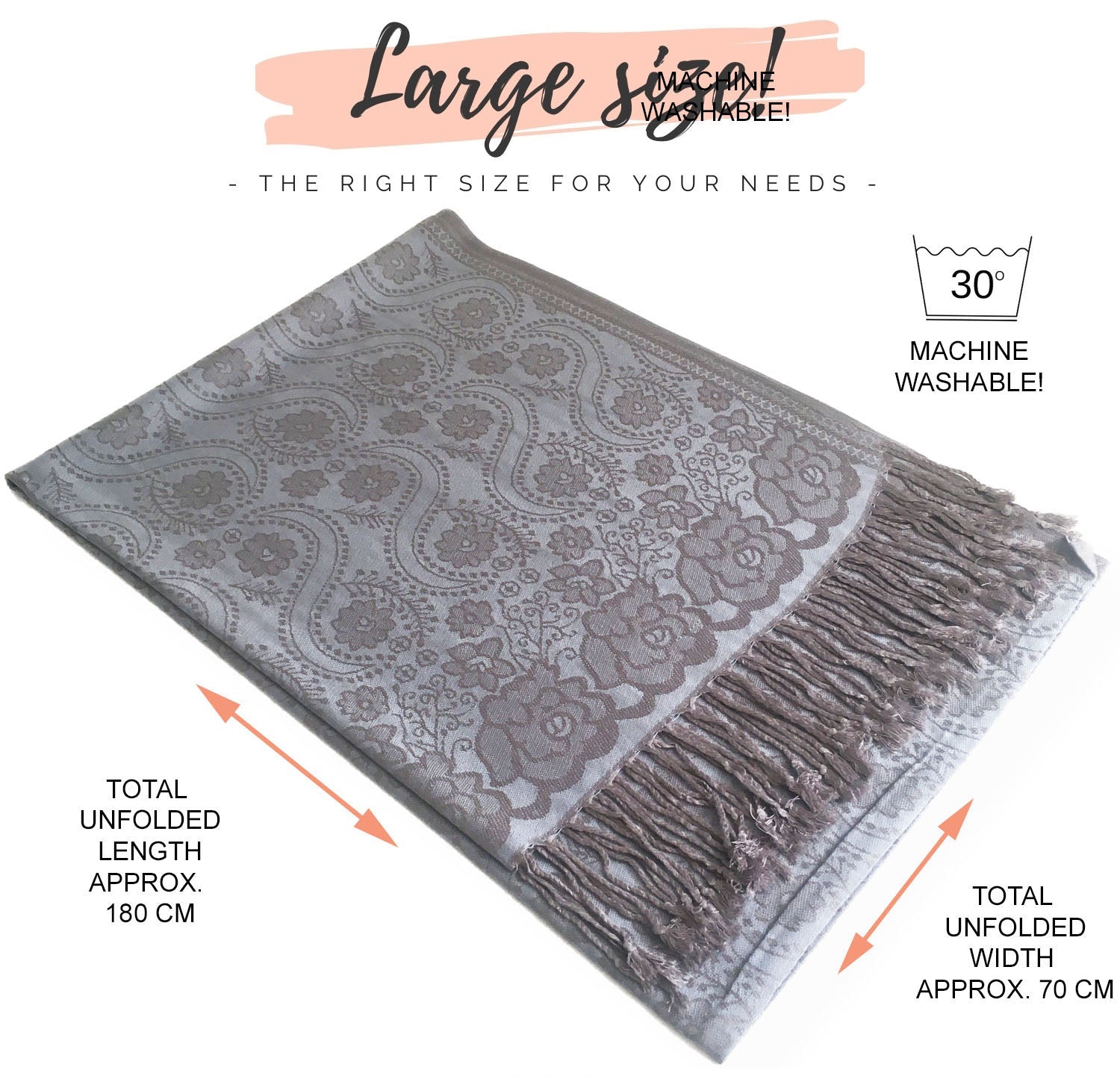 LARGE SILVERY BLUE SWIRL FLORAL PRINT REVERSIBLE PASHMINA SHAWL SCARF