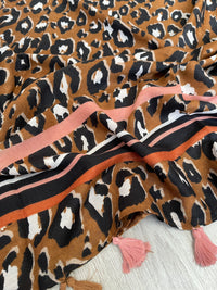 LARGE TAN BROWN TRIBAL LEOPARD PRINT SCARF WITH TASSELS