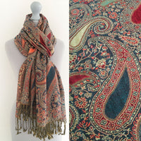 A-SHU LARGE TEAL MULTI COLOUR PAISLEY PRINT PASHMINA SHAWL SCARF - A-SHU.CO.UK