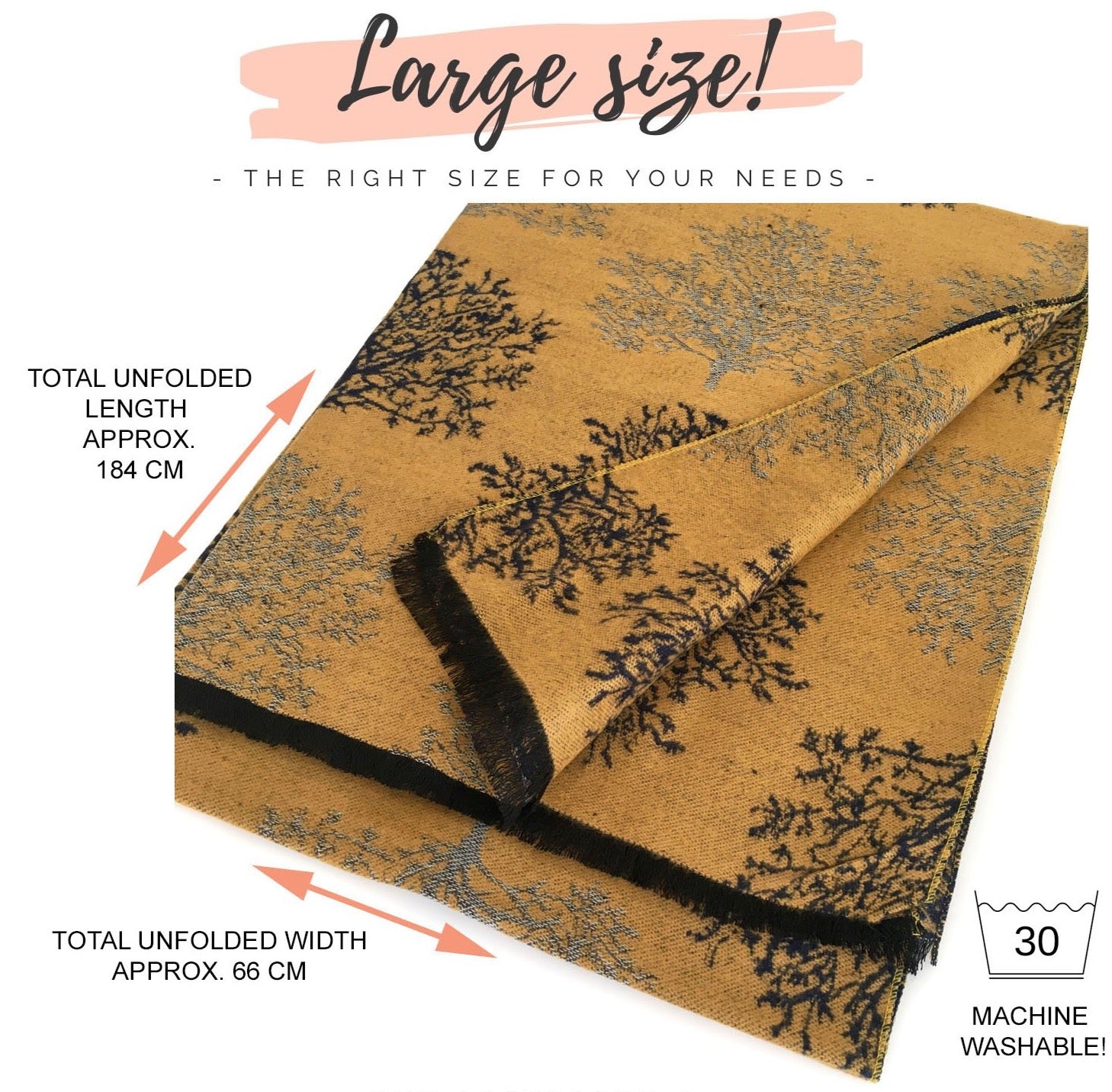 LARGE THICK NAVY MUSTARD TREE PRINT REVERSIBLE WINTER SHAWL BLANKET SCARF