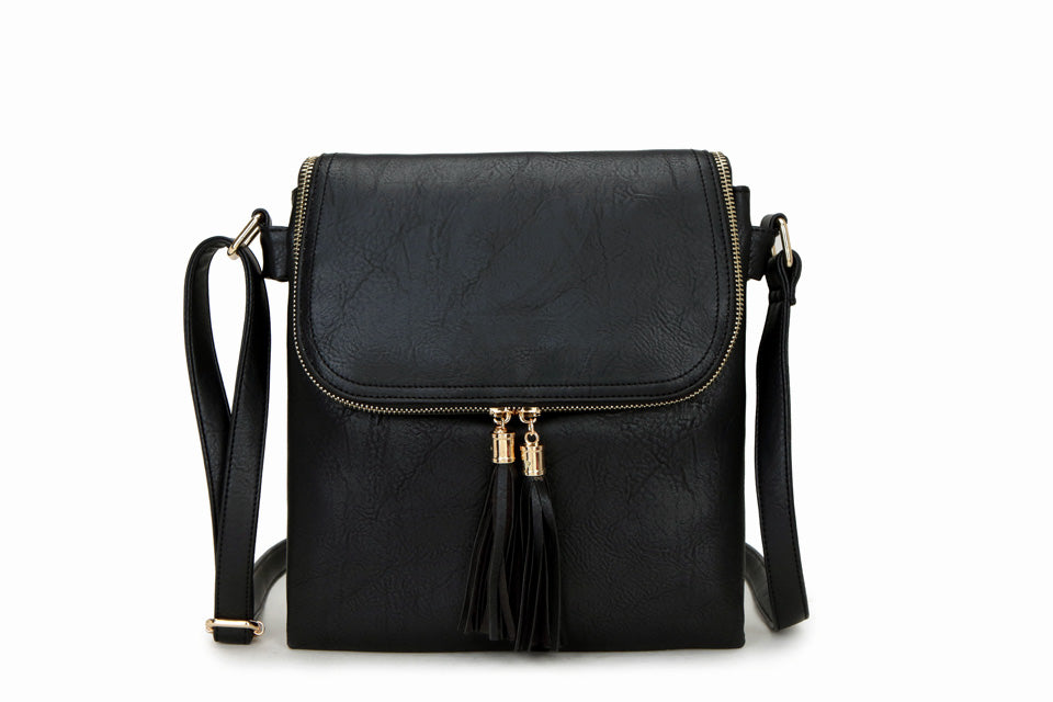 A-SHU LARGE BLACK TASSEL MULTI COMPARTMENT CROSS BODY SHOULDER BAG WITH LONG STRAP - A-SHU.CO.UK