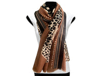 A-SHU LARGE CAMEL COTTON MIX TIGER AND LEOPARD PRINT SHAWL SCARF - A-SHU.CO.UK