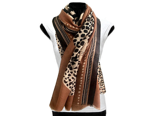 A-SHU LARGE CAMEL COTTON MIX TIGER AND LEOPARD PRINT SHAWL SCARF - A-SHU.CO.UK