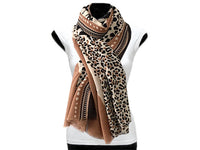 A-SHU LARGE CAMEL COTTON MIX TIGER AND LEOPARD PRINT SHAWL SCARF - A-SHU.CO.UK