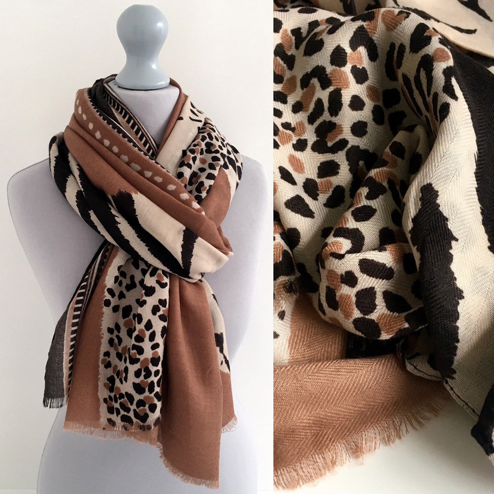 A-SHU LARGE CAMEL COTTON MIX TIGER AND LEOPARD PRINT SHAWL SCARF - A-SHU.CO.UK