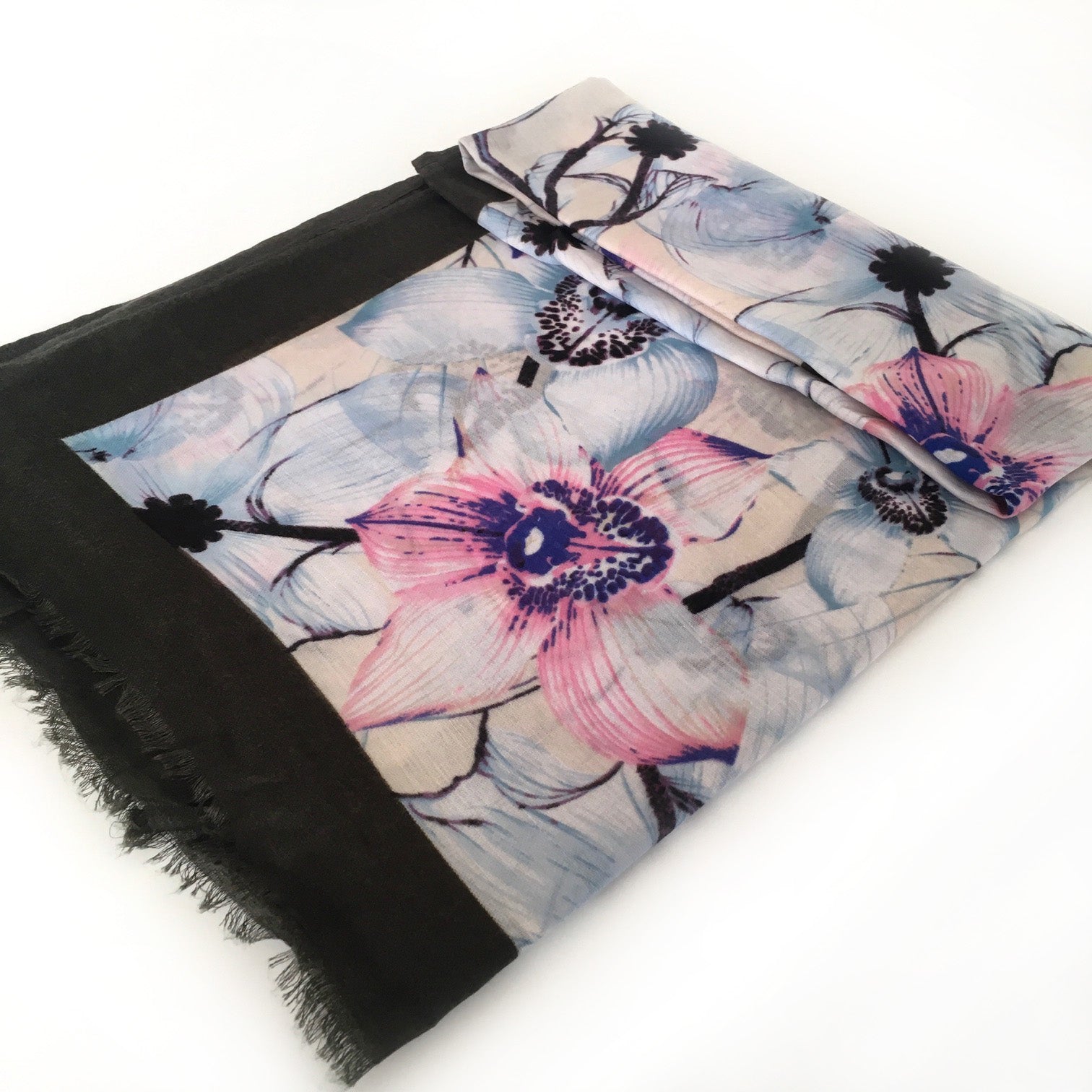 A-SHU LARGE DARK BROWN BORDER FLORAL PRINT SCARF - A-SHU.CO.UK