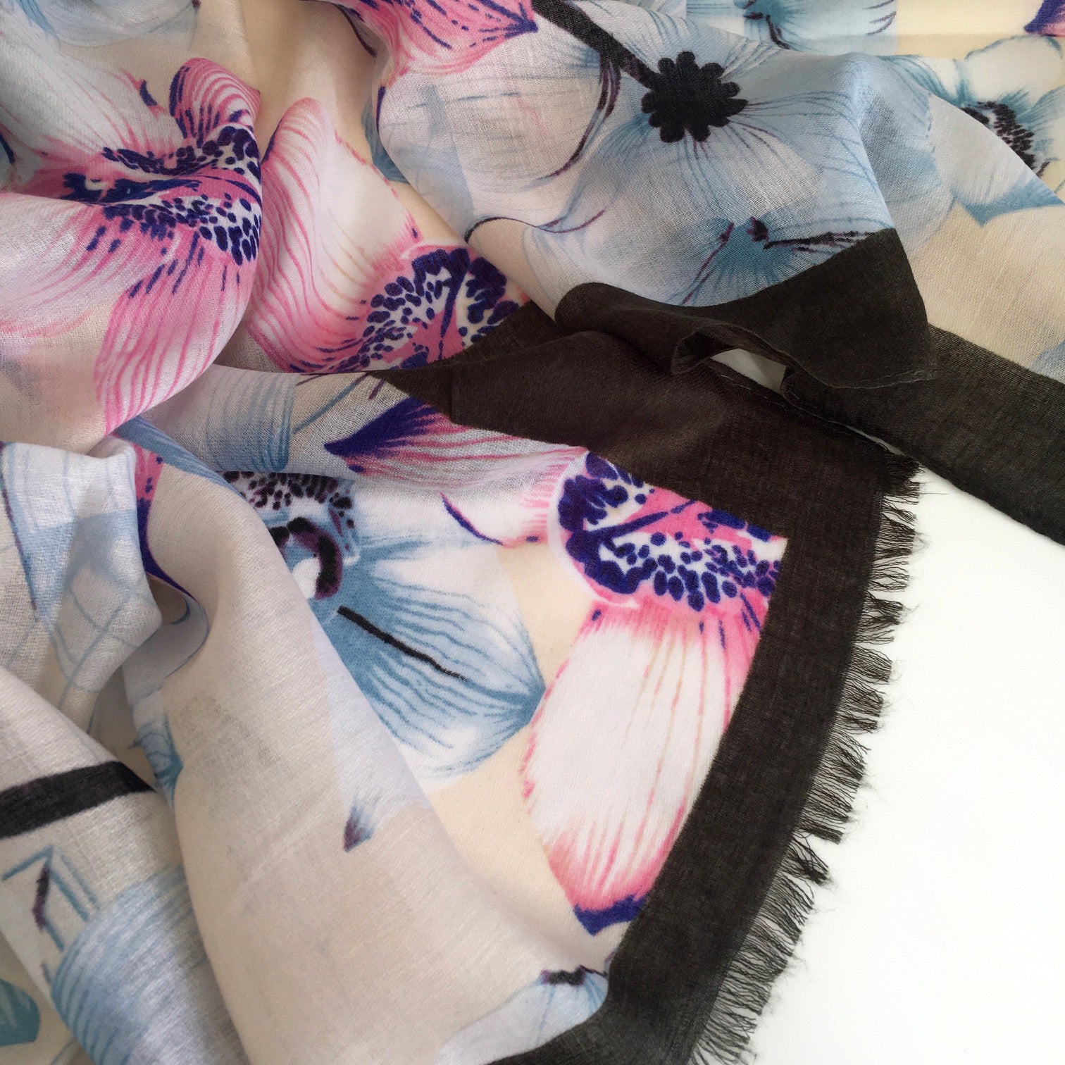 A-SHU LARGE DARK BROWN BORDER FLORAL PRINT SCARF - A-SHU.CO.UK