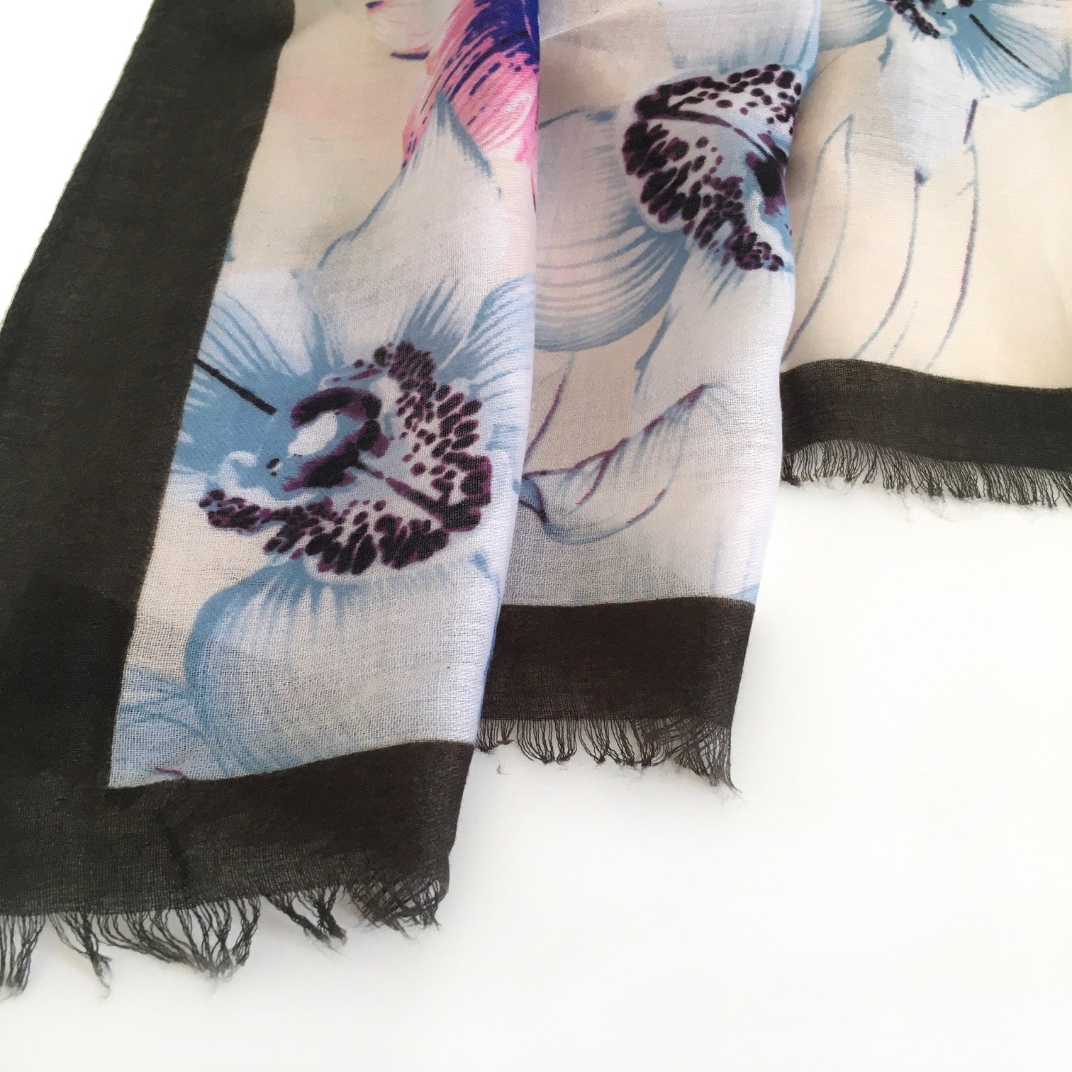 A-SHU LARGE DARK BROWN BORDER FLORAL PRINT SCARF - A-SHU.CO.UK
