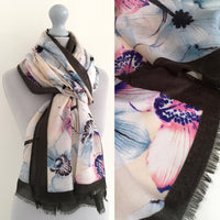 A-SHU LARGE DARK BROWN BORDER FLORAL PRINT SCARF - A-SHU.CO.UK