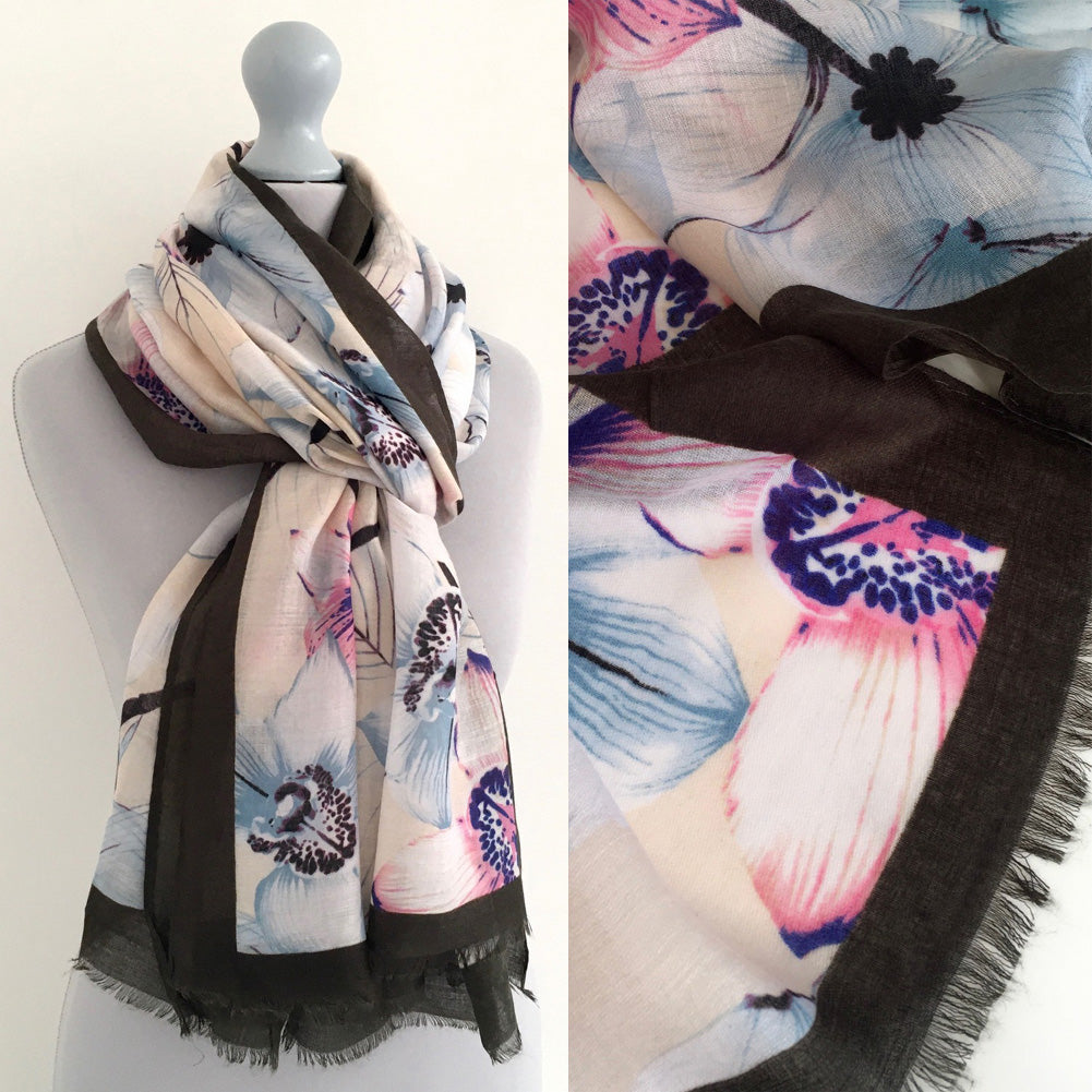 A-SHU LARGE DARK BROWN BORDER FLORAL PRINT SCARF - A-SHU.CO.UK