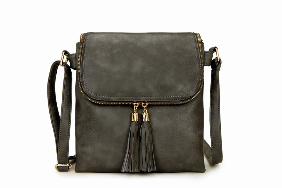 A-SHU LARGE GREY TASSEL MULTI COMPARTMENT CROSS BODY SHOULDER BAG WITH LONG STRAP - A-SHU.CO.UK