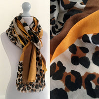 A-SHU LARGE MUSTARD YELLOW BLOCK PRINT LEOPARD PRINT SHAWL SCARF - A-SHU.CO.UK