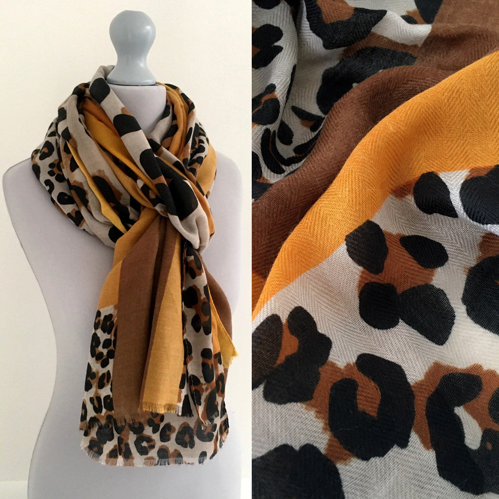 A-SHU LARGE MUSTARD YELLOW BLOCK PRINT LEOPARD PRINT SHAWL SCARF - A-SHU.CO.UK