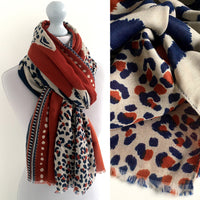A-SHU LARGE ORANGE RUST COTTON MIX TIGER AND LEOPARD PRINT SHAWL SCARF - A-SHU.CO.UK