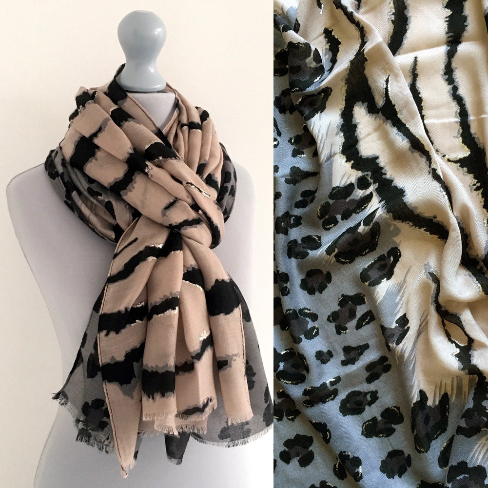 A-SHU LARGE PALE PINK ZEBRA AND LEOPARD PRINT SHAWL SCARF - A-SHU.CO.UK