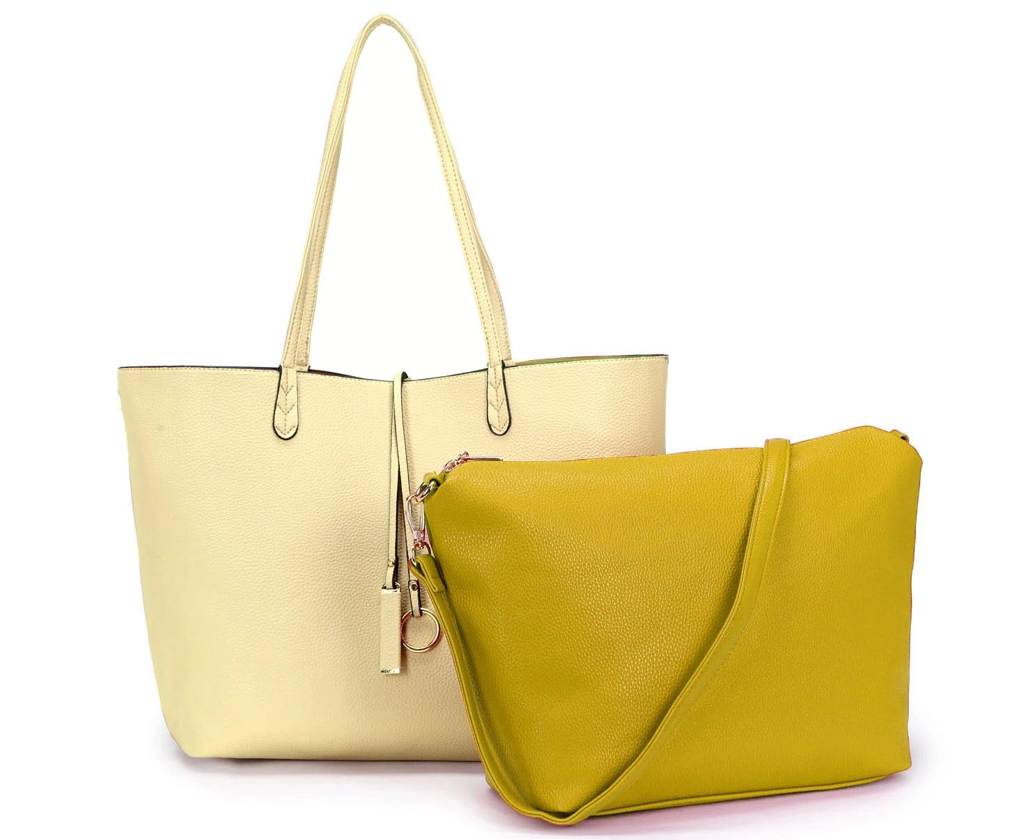 A-SHU YELLOW CREAM LARGE REVERSIBLE TOTE BAG SET WITH CROSSBODY