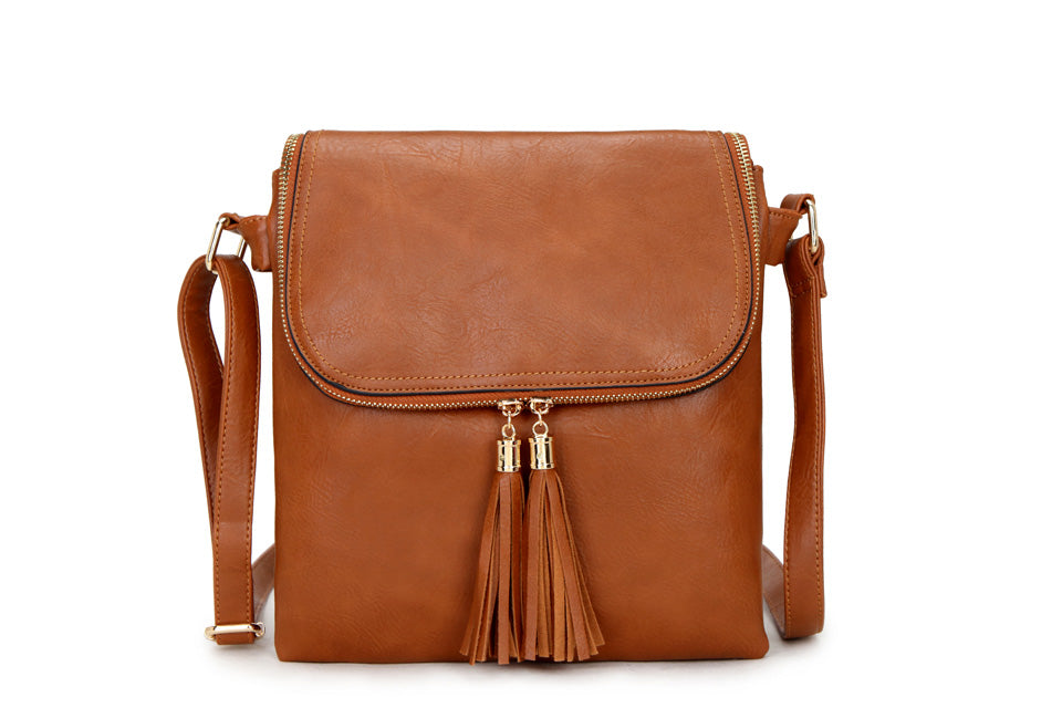 A-SHU LARGE TAN TASSEL MULTI COMPARTMENT CROSS BODY SHOULDER BAG WITH LONG STRAP - A-SHU.CO.UK
