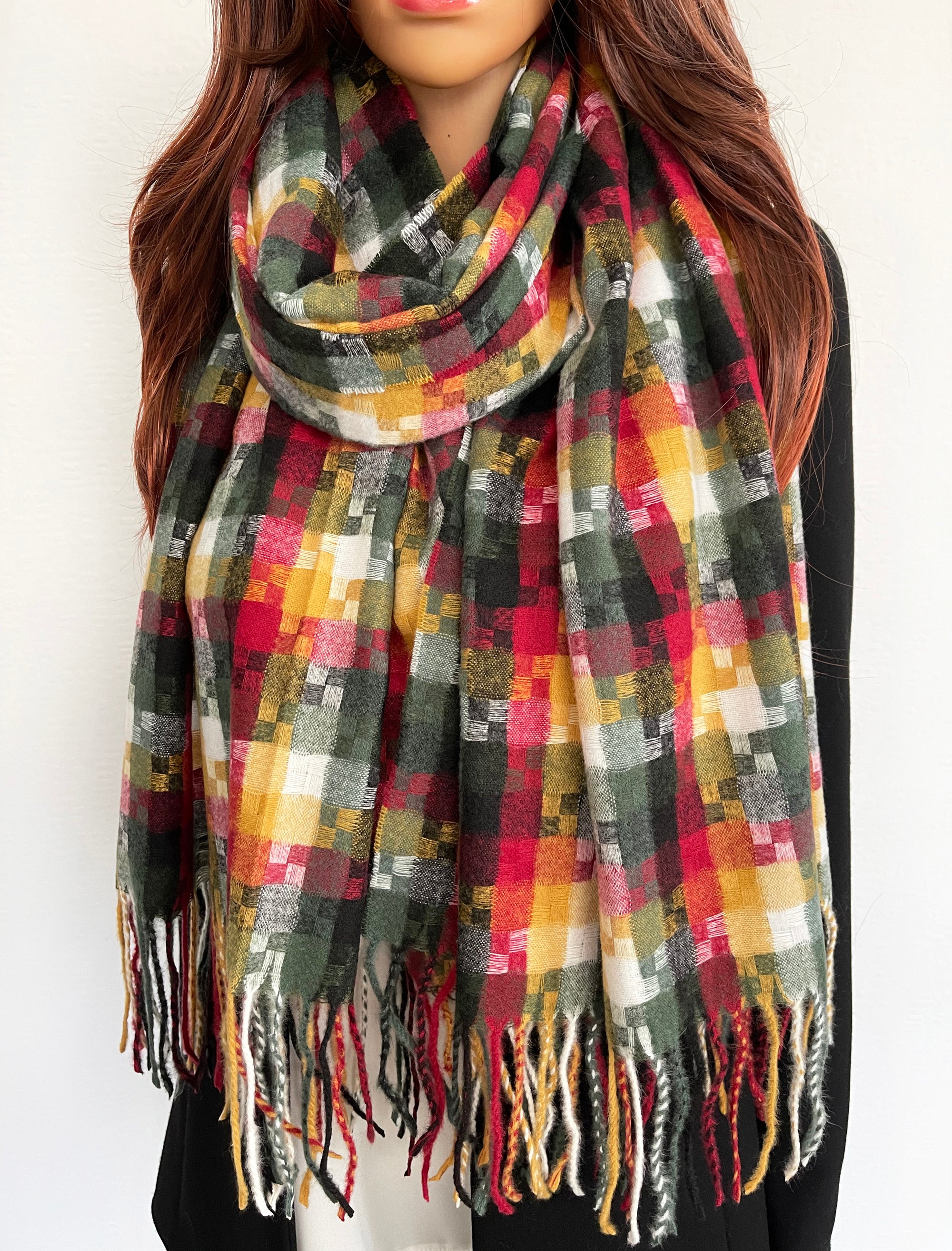 LONG BLACK MULTICOLOUR WOOL MIX CHECKED TARTAN SCARF