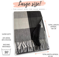 LONG BLACK WHITE WOOL MIX CHECKED TARTAN SCARF