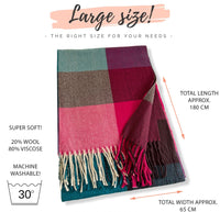 LONG FUCHSIA TEAL WOOL MIX CHECKED TARTAN SCARF