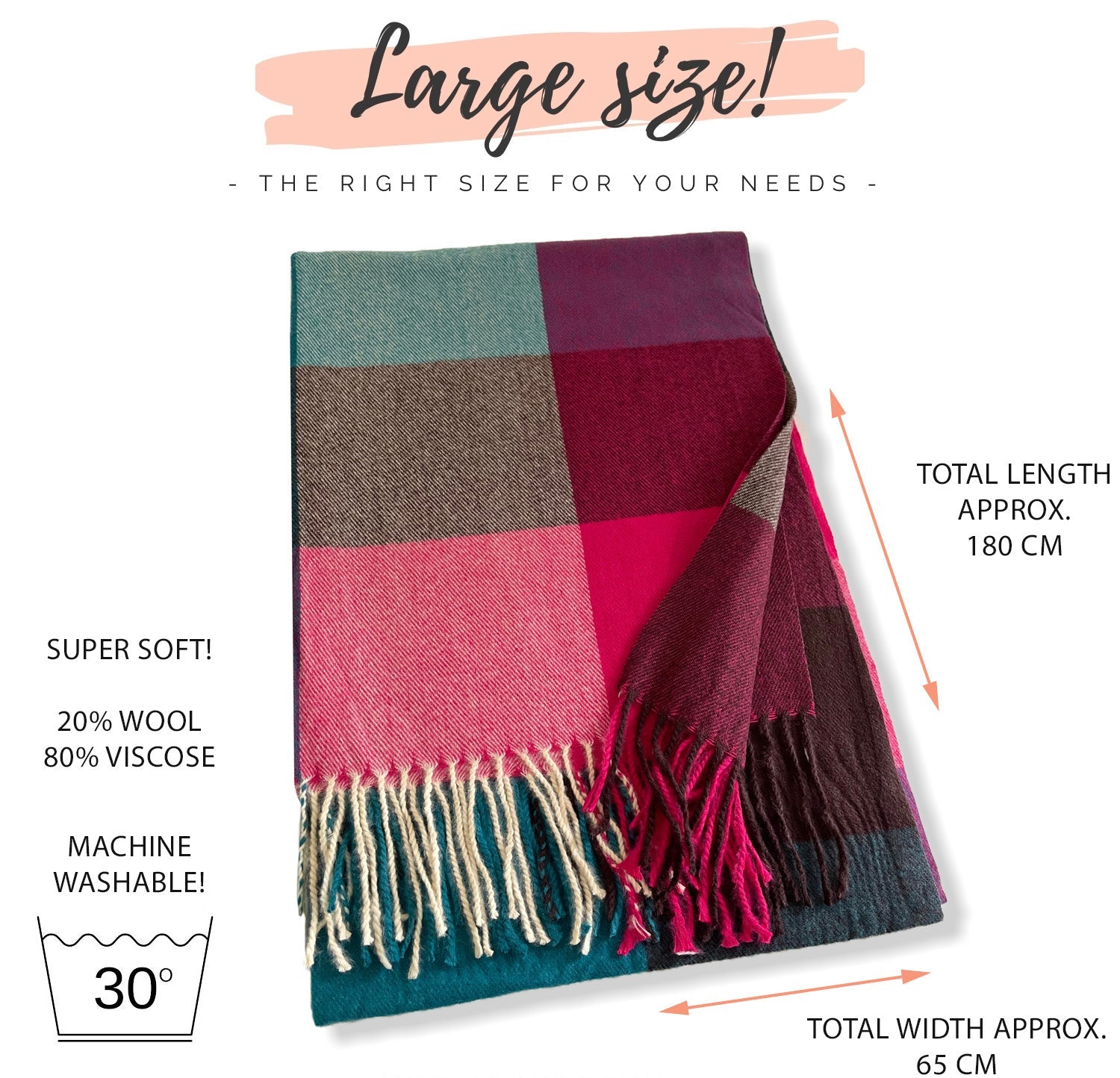 LONG FUCHSIA TEAL WOOL MIX CHECKED TARTAN SCARF