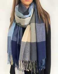 LONG NAVY BLUE WOOL MIX CHECKED TARTAN SCARF