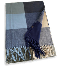LONG NAVY BLUE WOOL MIX CHECKED TARTAN SCARF
