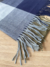 LONG NAVY BLUE WOOL MIX CHECKED TARTAN SCARF