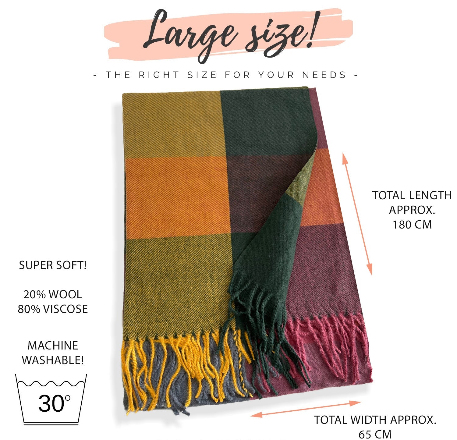 LONG YELLOW GREEN WOOL MIX CHECKED TARTAN SCARF