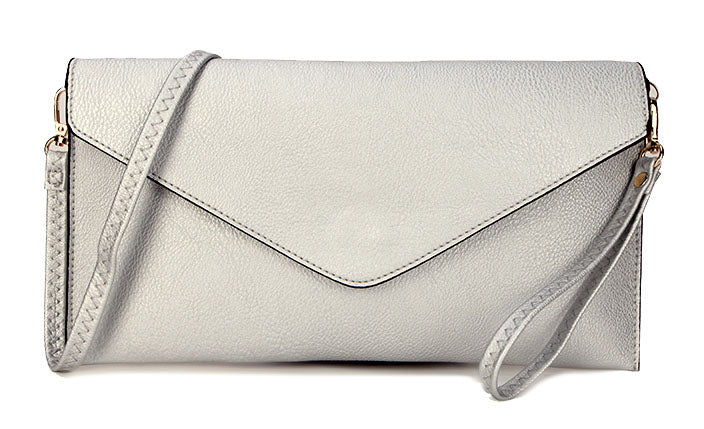 METALLIC SILVER OVER SIZED ENVELOPE CLUTCH BAG WITH LONG CROSS BODY AND WRISTLET STRAP