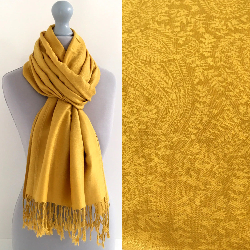 A-SHU MUSTARD YELLOW PAISLEY PRINT REVERSIBLE PASHMINA SHAWL SCARF - A-SHU.CO.UK