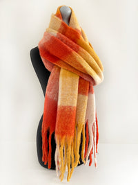 ORANGE CHECKED WOOL RAINBOW BLANKET SCARF OVERSIZED WINTER SHAWL WRAP