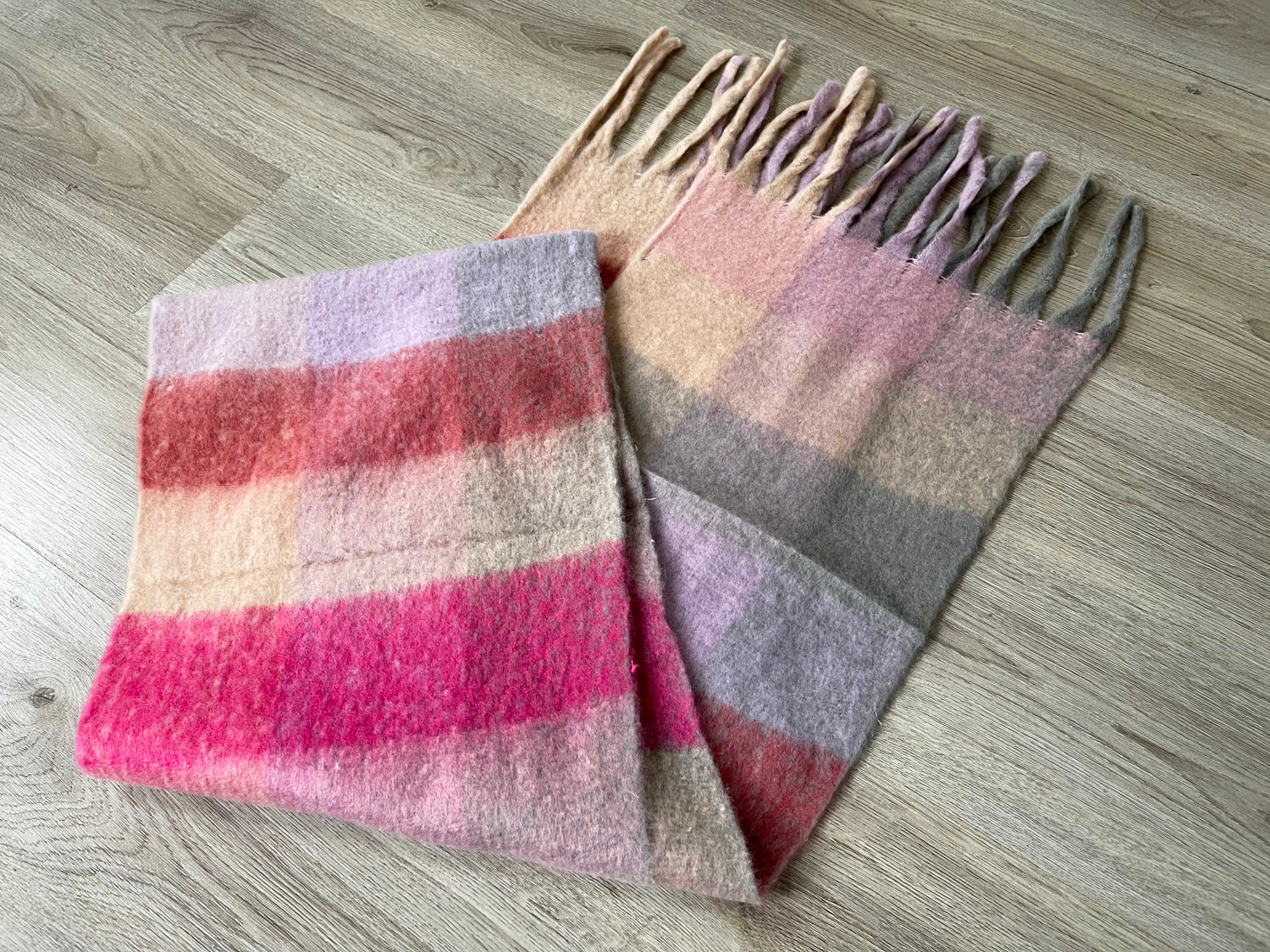 PINK CHECKED WOOL RAINBOW BLANKET SCARF OVERSIZED WINTER SHAWL WRAP