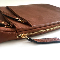 A-SHU PLAIN CURVED TAN MULTI COMPARTMENT CROSS BODY SHOULDER BAG - A-SHU.CO.UK