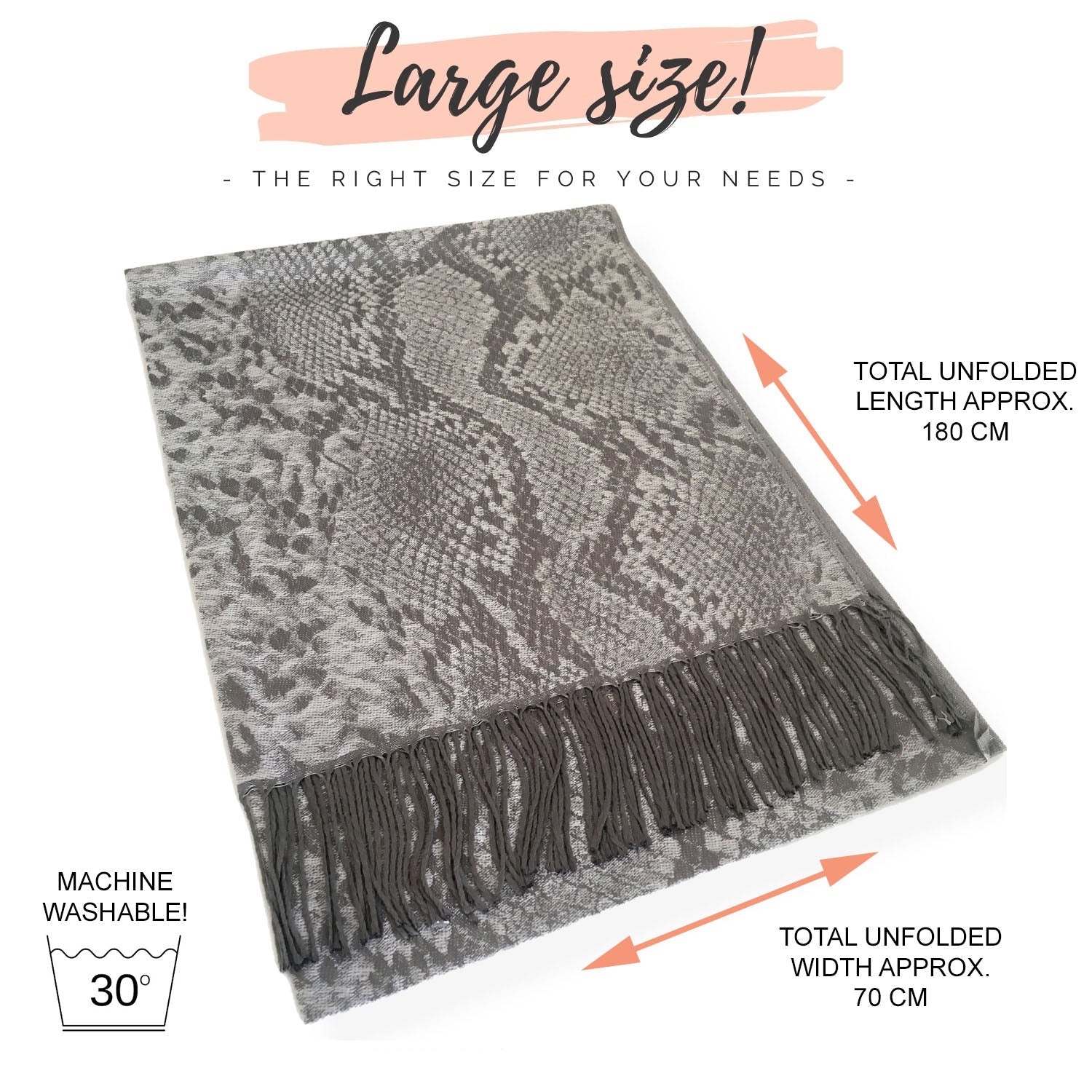 SILVER GREY LARGE SNAKESKIN PRINT REVERSIBLE PASHMINA SHAWL SCARF