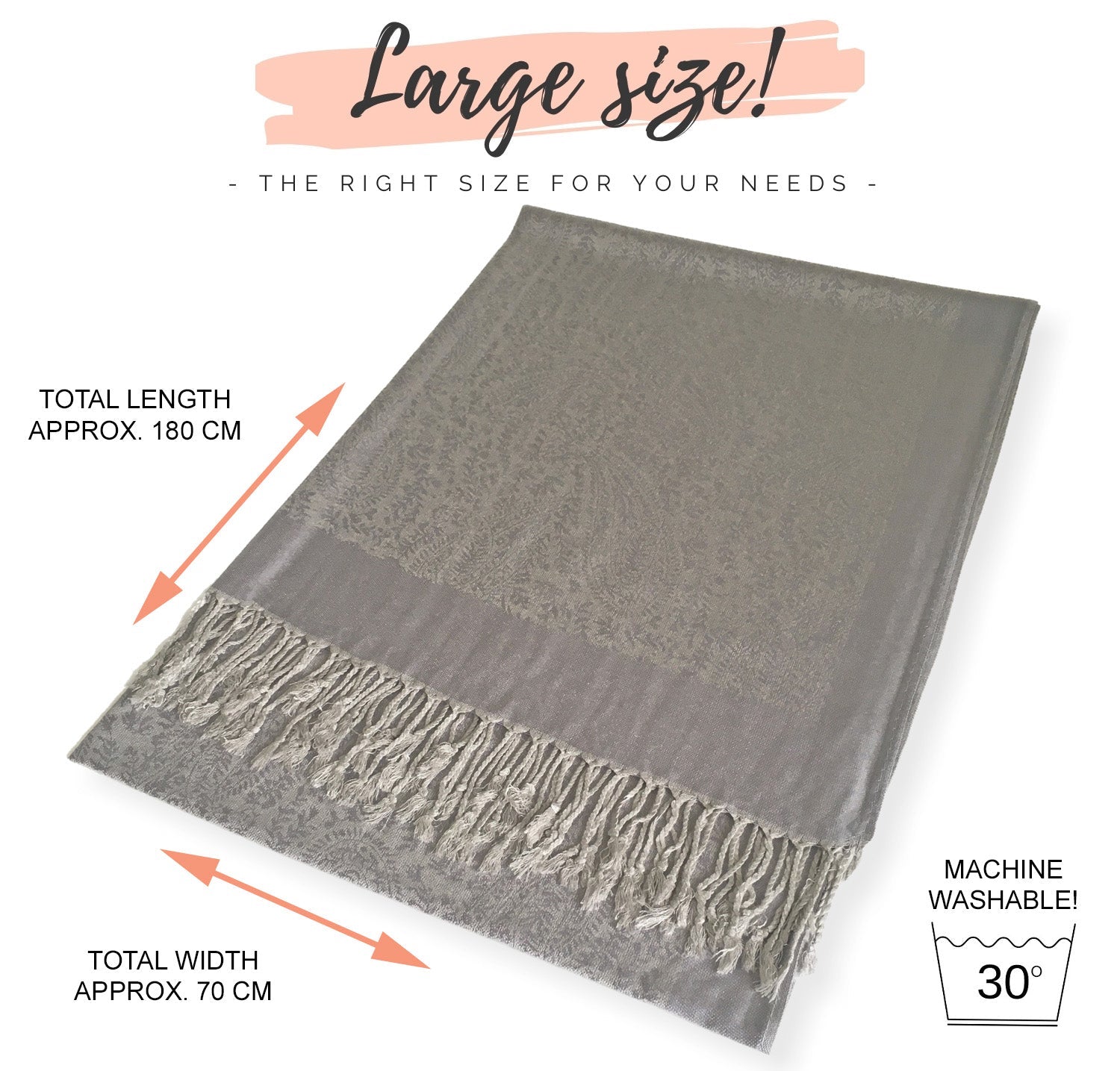 SILVER GREY PAISLEY PRINT REVERSIBLE PASHMINA SHAWL SCARF