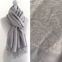 A-SHU SILVER GREY PAISLEY PRINT REVERSIBLE PASHMINA SHAWL SCARF - A-SHU.CO.UK