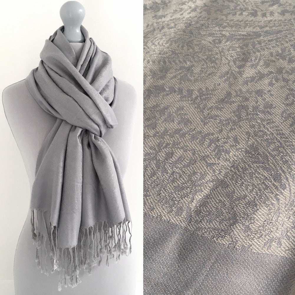 A-SHU SILVER GREY PAISLEY PRINT REVERSIBLE PASHMINA SHAWL SCARF - A-SHU.CO.UK
