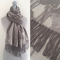 A-SHU SILVER GREY REVERSIBLE PASHMINA SHAWL SCARF IN ABSTRACT FLORAL PRINT - A-SHU.CO.UK