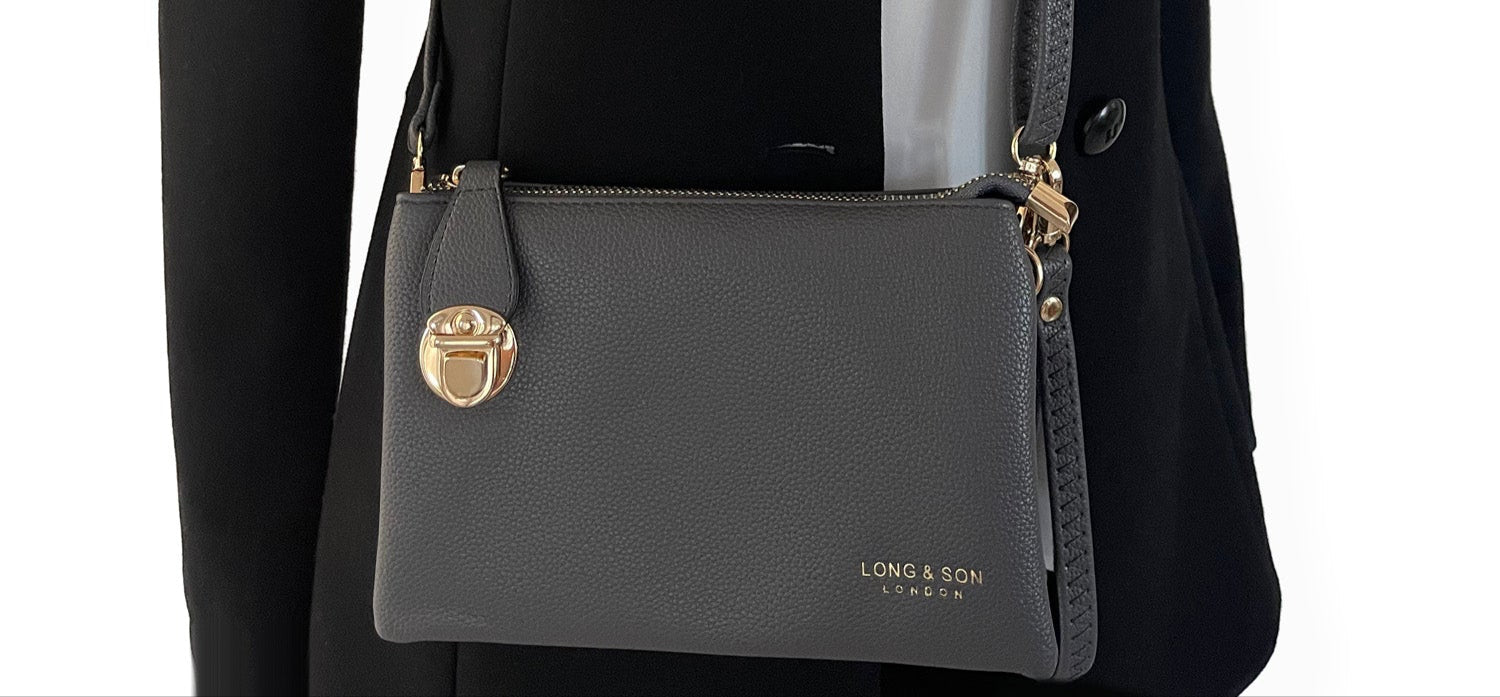 SMALL MULTI-POCKET CROSS BODY CLUTCH BAG WITH WRISTLET - DARK GREY