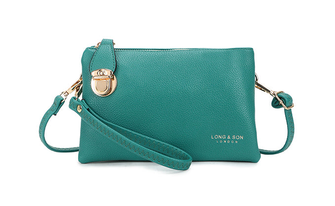 SMALL MULTI-POCKET CROSS BODY CLUTCH BAG WITH WRISTLET - DARK TEAL