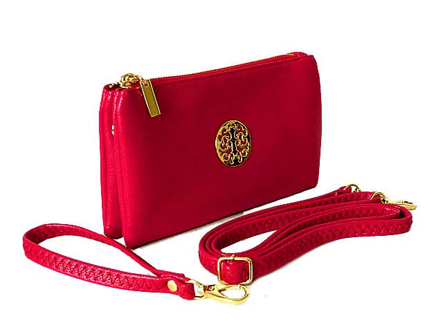 SMALL MULTI COMPARTMENT CROSS BODY PURSE BAG WITH WRIST AND LONG STRAPS FUSHCIA PINK