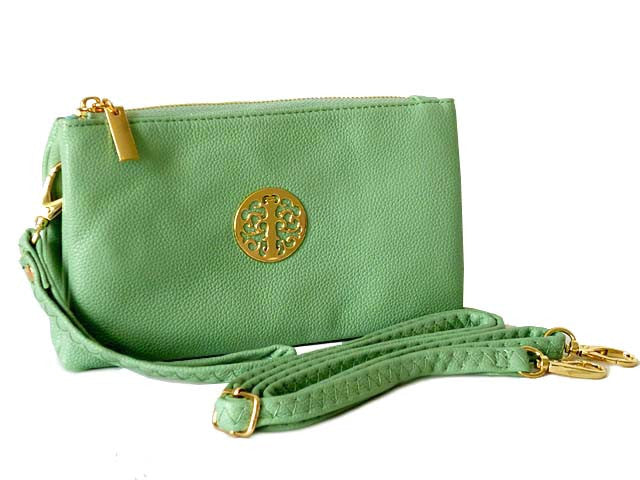 SMALL MULTI COMPARTMENT CROSS BODY PURSE BAG WITH WRIST AND LONG STRAPS PASTEL GREEN