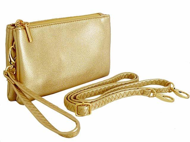 A-SHU SMALL MULTI-POCKET CROSSBODY PURSE BAG WITH WRIST AND LONG STRAPS - METALLIC GOLD - A-SHU.CO.UK