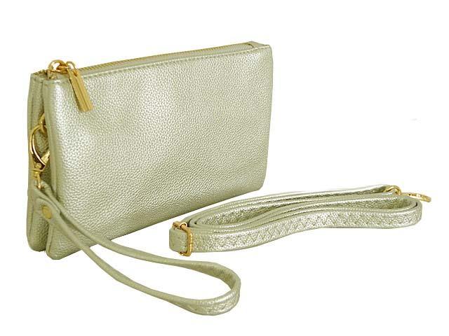 A-SHU SMALL MULTI-POCKET CROSSBODY PURSE BAG WITH WRIST AND LONG STRAPS - METALLIC SILVER - A-SHU.CO.UK