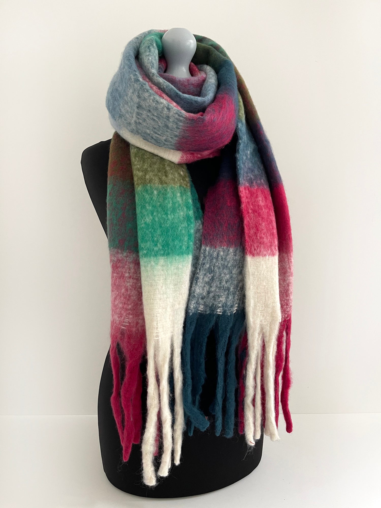 WHITE CHECKED WOOL RAINBOW BLANKET SCARF OVERSIZED WINTER SHAWL WRAP