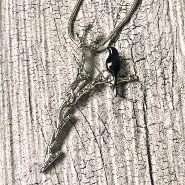 A-SHU BLACK BIRD-ON-A-BRANCH PENDANT NECKLACE WITH SILVER CHAIN - A-SHU.CO.UK