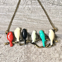 A-SHU COLOURFUL BIRDS ON A BRANCH LONG BIRD NECKLACE WITH ANTIQUE GOLD CHAIN - A-SHU.CO.UK