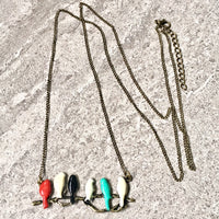 A-SHU COLOURFUL BIRDS ON A BRANCH LONG BIRD NECKLACE WITH ANTIQUE GOLD CHAIN - A-SHU.CO.UK