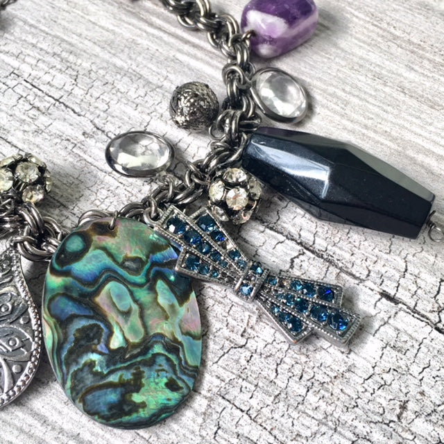 A-SHU NAVY BLUE PEWTER METAL CHUNKY STONE BEADED CHARM BRACELET - A-SHU.CO.UK